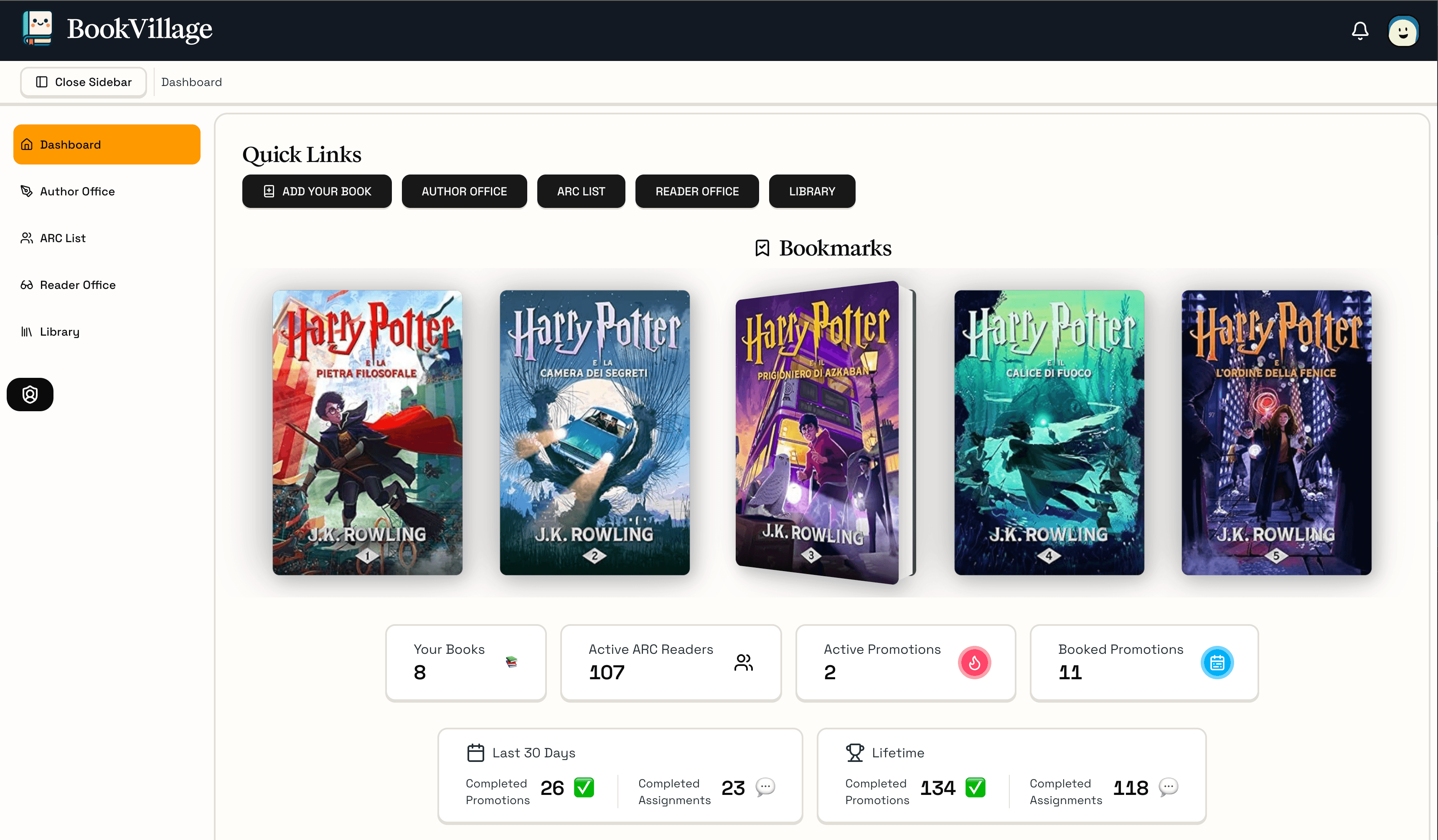 BookVillage Dashboard - Showing ARC team management, promotions, and reader assignments