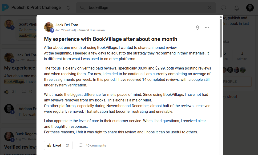 Self-publisher community testimonial 1