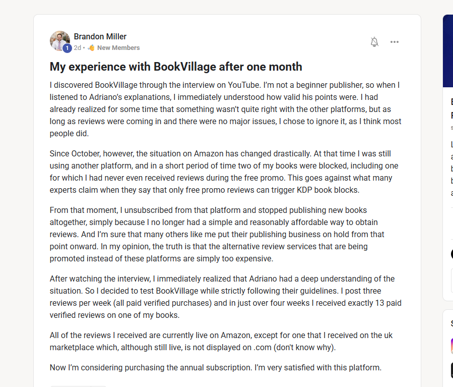 Self-publisher community testimonial 5